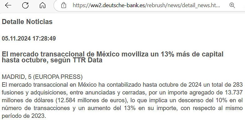 El mercado transaccional de Mxico moviliza un 13% ms de capital hasta octubre, segn TTR Data